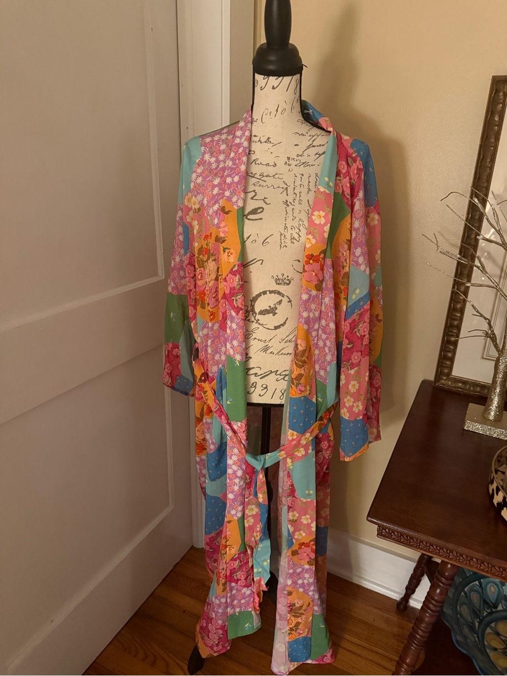 Spell Patchwork Floral Satin Robe in Pink, Blue, Green, Yellow